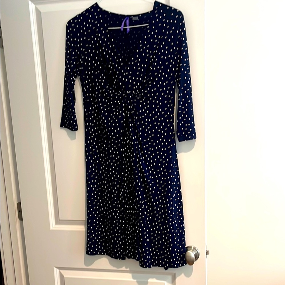 Seraphine navy and white polka dot v neck maternity dress